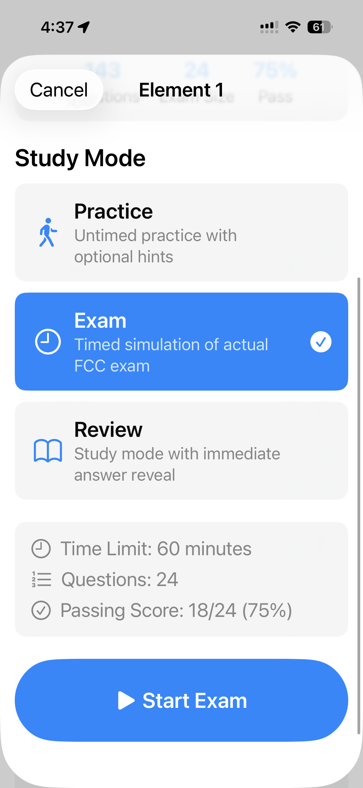 Study mode selection with practice and exam options