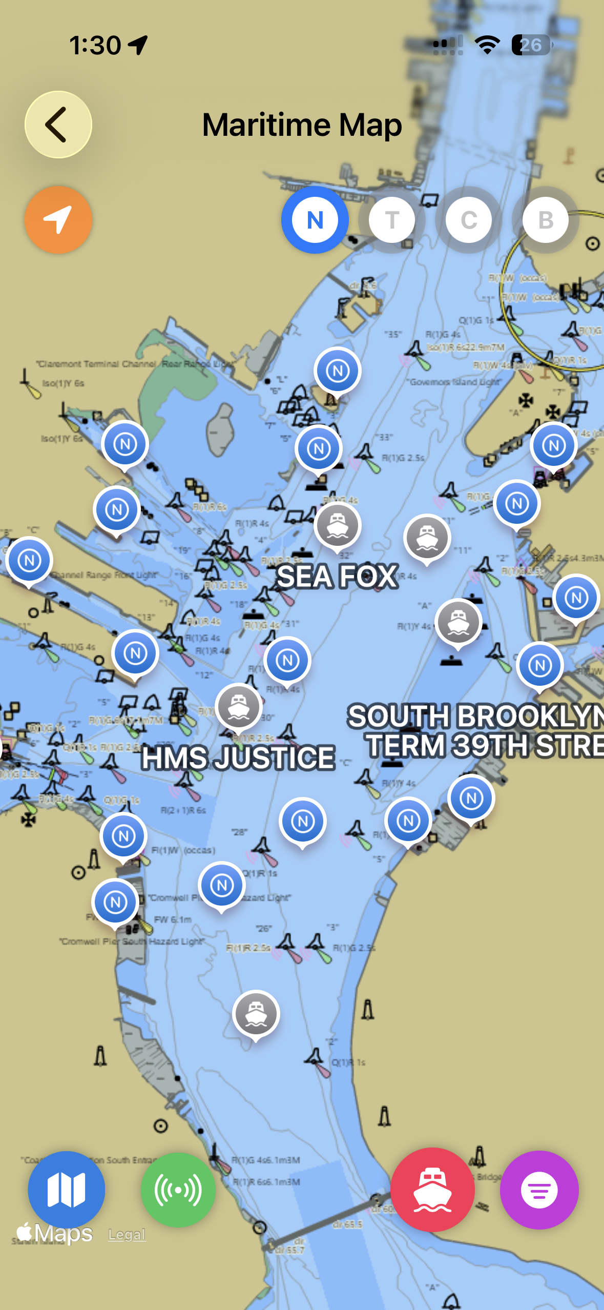 Nautical chart with vessel positions and AIS data