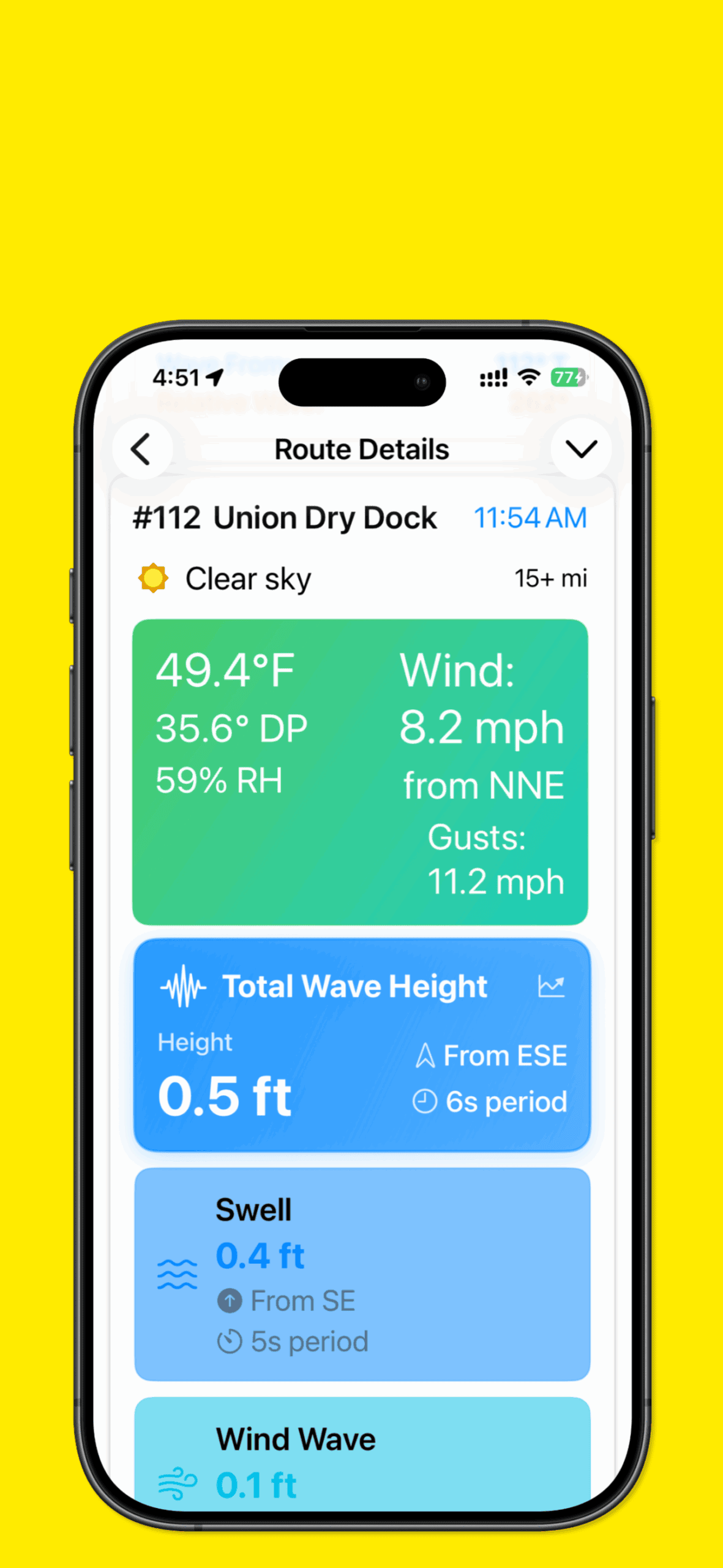 Mariner Studio route waypoint weather showing clear sky icon with temperature, dewpoint, wind speed and direction, wave height, swell data, and visibility for maritime passage planning at Union Dry Dock